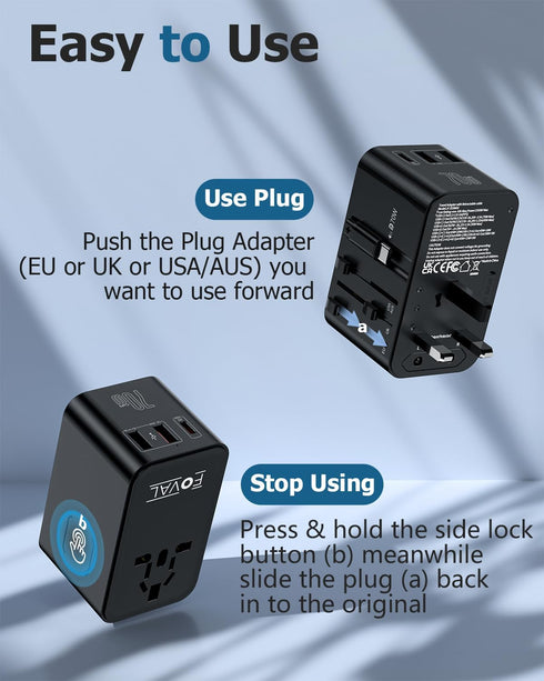 FOVAL 70W Universal Travel Adapter, Retractable USB C Cable, All-in-one International Plug Adapter for Travel