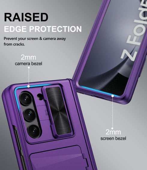Galaxy Z Fold 5 Case - Card Holder & Kickstand & Hinge Protection & Sliding Lens Cover, Built-in Screen Protector,