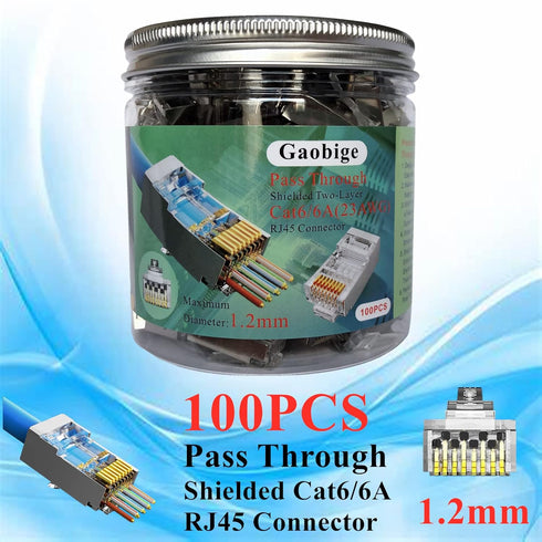 100-Pack Cat6 Cat6A RJ45 Pass Through Connectors Ends, Shielded RJ45 Connectors for 23AWG Cat6 Shielded Solid Wire and Standard Cable 100 Pack (1.2mm Shielded Cat6 Pass Through Connector)