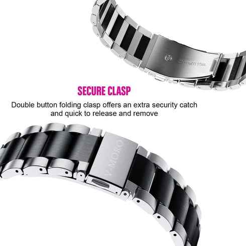 V-MORO Solid Stainless Steel Strap for Galaxy Watch 46mm(2019), Gear S3, Galaxy Watch 3 45mm Band, Silver/Black