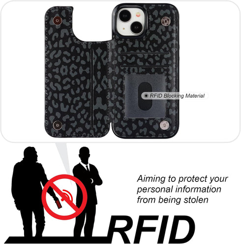 HAOPINSH Wallet Case for iPhone 15 with Card Holder, Black Leopard Cheetah Pattern Back Flip Folio Case