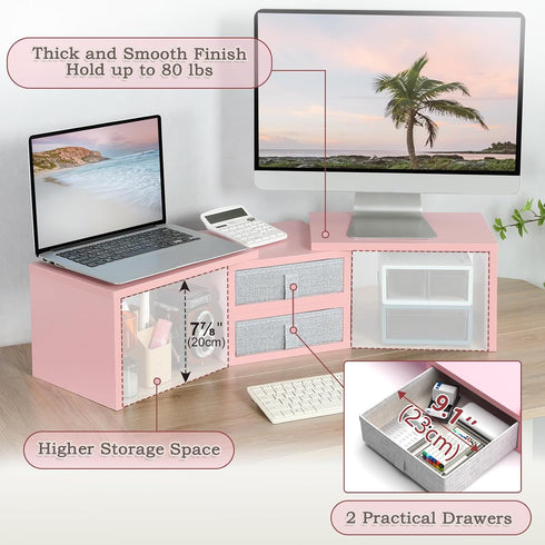 2 37 inch 2 (2 8''H) TEAMIX Pink Dual Monitor Stand Riser with Drawers - Length and Angle Adjustable Double Corner Desk