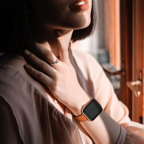 OUHENG Slim Bands for Apple Watch 42mm 41mm 40mm 38mm, Women Genuine Leather Replacement Thin Strap (Brown/Rose Gold)