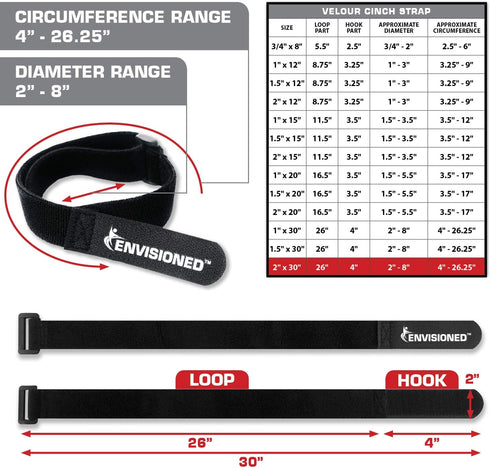 Velour Cinch Straps 2" x 30", 6 Pack, Soft Touch Microfiber Reusable Hook and Loop