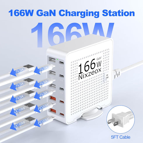 166W GaN10-Port USB C Charging Station PD20W QC18W Fast Charging Wall Charger for iPhone 15/14/13/12/11 iPad Samsung Pixel 5FT Extension Cord White-Silver