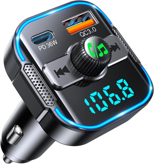 RIWUSI Bluetooth 5.3 Car AdapterPD 36W+QC3.0 18W, 2-in-1 FM Bluetooth Transmitter Dual Stronger