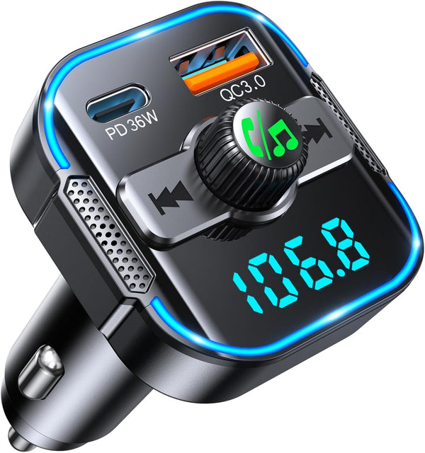 RIWUSI Bluetooth 5.3 Car AdapterPD 36W+QC3.0 18W, 2-in-1 FM Bluetooth Transmitter Dual Stronger
