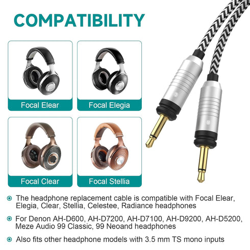 Focal Replacement Cable with 6.35mm Adapter Compatible with Focal Elear Elegia Clear Stellia Celestee Headphones Replacement Audio Cable 4ft
