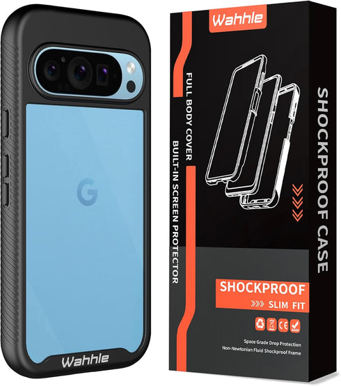 wahhle Case for Google Pixel 9/9 Pro, Built-in Screen Protector, Full Body Shockproof Slim Fit Bumper Cover, Black/Clear