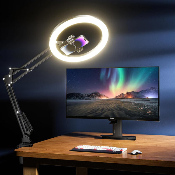 UBeesize 12’’ Ring Light with Overhead Phone Mount, LED Selfie Light with Stand for iPhone and Laptop, Desk Light for
