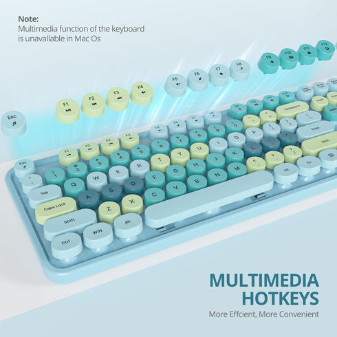 Owpkeenthy Blue Keyboard and Mouse Wireless, Cute Typewriter Keyboard with Retro Round Keycaps for Desktop and Laptop