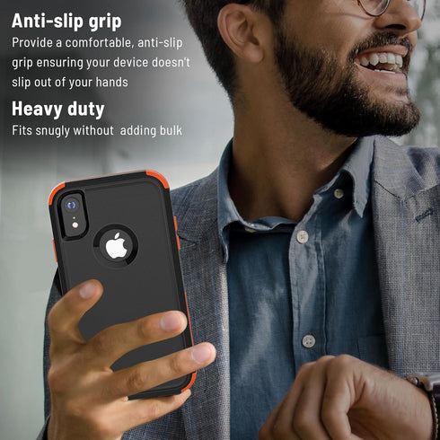 iPhone XR Case, Black Orange, Dropproof Shockproof 3-Layers Heavy Duty Drop Protection with Tempered Glass Screen