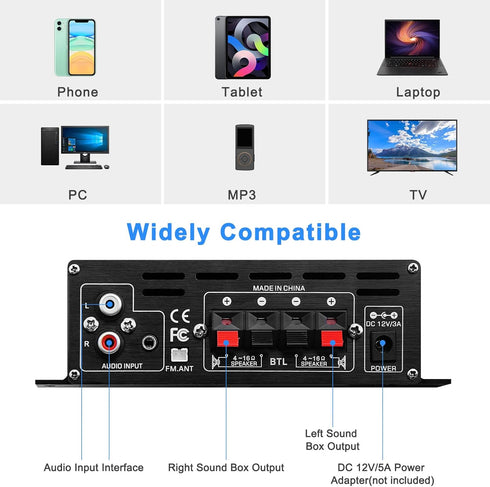 Bluetooth 5.0 Audio Power Amplifier AK-380 - 400W+400W 2.0 CH HiFi Stereo Amp Receiver with USB, SD, AUX, Remote