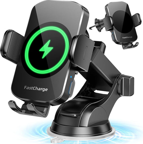 Wireless Car Charger 3 in 1 Phone Mount, Fast Charging Auto Clamping, Compatible with iPhone 15 14 13 12 11, Samsung