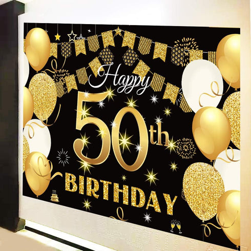 Saliyaa 7x5ft Happy 50th Birthday Backdrop, Black Gold Birthday Sign Poster for Men Women 50th Party