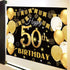 Saliyaa 7x5ft Happy 50th Birthday Backdrop, Black Gold Birthday Sign Poster for Men Women 50th Party