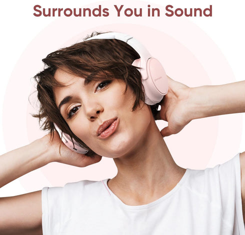 Wireless Headphones, Bluetooth Over Ear Headsets with Microphone, Hi-Fi Audio, 60H Playtime, Touch Control, Foldable Lightweight, On-Ear Headphones for Girls Women, Travel, Work, Pink