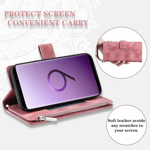 Asuwish Wallet Case for Samsung Galaxy S9 - Mandala Flower Leather, Zipper Card Holder, Tempered Glass, Rose Gold.