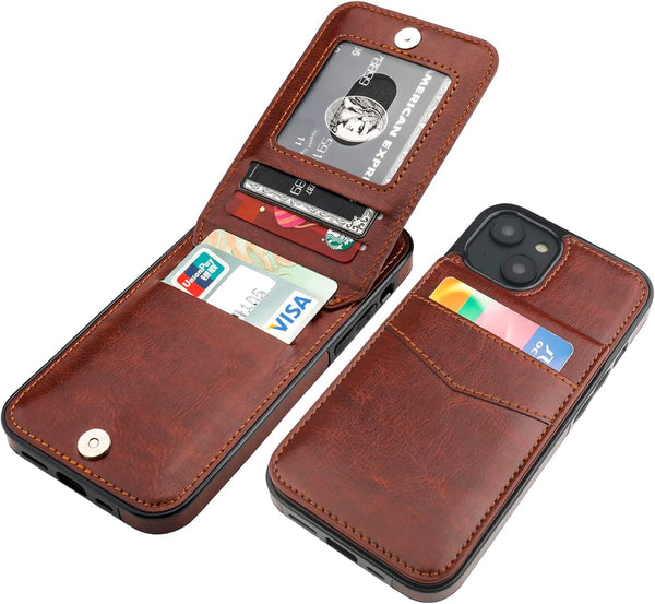 KIHUWEY Wallet Case for iPhone 14, Premium Leather with Credit Card Holder, Flip Magnetic Clasp, Brown