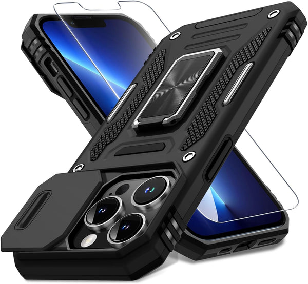 DEERLAMN iPhone 13 Pro Case - Black, Military Grade Shockproof, Slide Camera Cover, Screen Protector, Rotated Ring