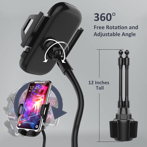 CAVIANA 360 2 Dual Phone Holder for Car Cup Holder Long Flexible Neck, Rotatable Car Phone Mount - Adjustable Cell Cup