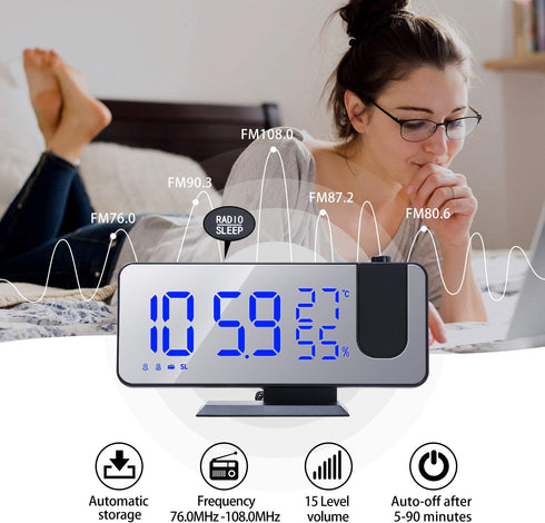 4 Dimmer 180 2 7.4'' ThreeH Projection Alarm Clock Radio Digital Alarm Clock & Rotable & Sounds Large Mirror Display