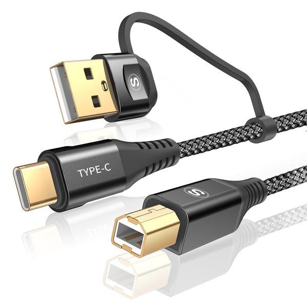 Printer Cable 2-in-1 USB-A/C to USB-B Cord 6.6FT, Type C MIDI Cable