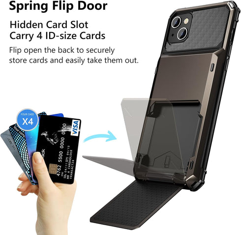 Vofolen for iPhone 15 Plus Case with Card Holder, Dual Layer Heavy Duty Shockproof Wallet Case, Hidden Flip 4-Card Slot Protective Hard Back Cover Case for iPhone 15 Plus, 6.7'' Gun Metal