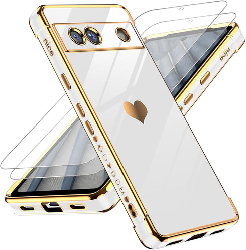 LeYi Pixel 7A Phone Case with Tempered Glass Screen Protector, Love Heart Plating Luxury Soft TPU - White