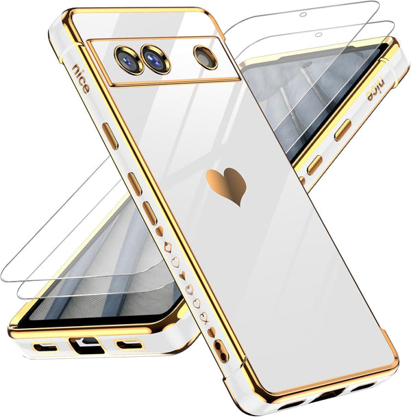 LeYi Pixel 7A Phone Case with Tempered Glass Screen Protector, Love Heart Plating Luxury Soft TPU - White