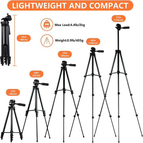 Camera Mount Phone Tripod Stand: 51-Inch Lightweight Travel Tripod for iPhone with Remote, Phone Holder & GoPro
