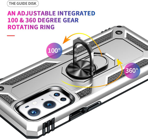Military Grade Drop Impact Case for Oneplus 9 Pro, 360 Metal Rotating Ring Kickstand Holder, Shockproof (Silver)