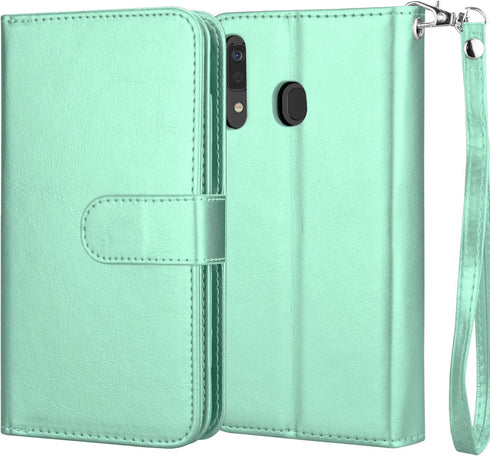NJJEX Wallet Case for Samsung Galaxy A20 & A30, PU Leather ID Credit Holder Folio Flip with Lanyard, Mint.