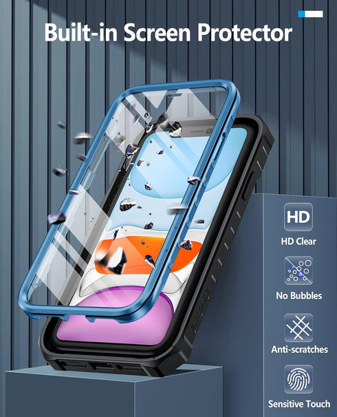 FNTCASE iPhone 11 Case: Shockproof Military Grade, Dual Layer Protection, Kickstand, Matte Textured, 6.1" Blue.