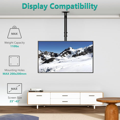 WALI Adjustable TV Ceiling Mount Bracket for 23 to 43 Inch LED, LCD, OLED Displays, up to 110 Lbs