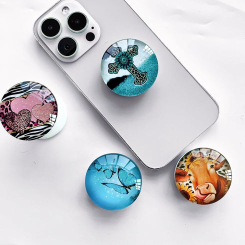 Expandible Collapsible Clear Crystal Glitter Mobile Phone Grip Stand Holder for Smartphones & Tablets (Blue Butterfly)