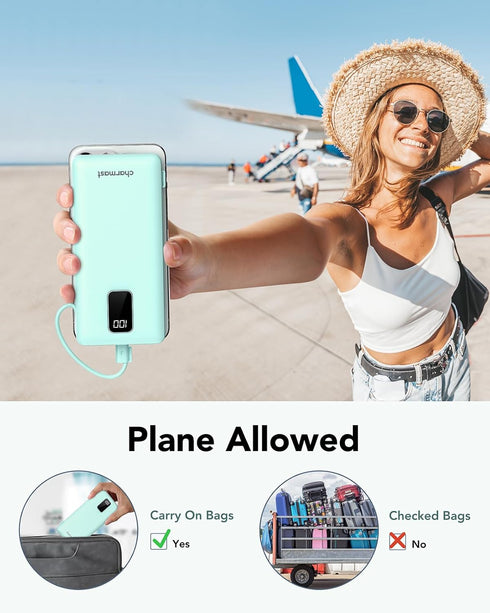 Charmast Portable Charger - 10000mAh USB C Power Bank with Built-in Cables, Fast Charging for Travel Essentials