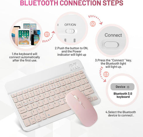 Bluetooth Keyboard and Mouse Combo - Rechargeable Wireless Set for Apple iPad, iPhone, Samsung Tablet, Pink