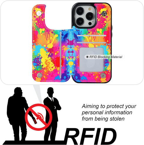 HAOPINSH iPhone 14 Pro Wallet Case with Card Holder, Colorful Graffiti Pattern Back Flip PU Leather Case for Women Girls