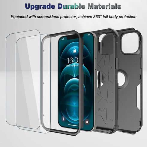 iPhone 12/iPhone 12 Pro Case (6.1in) - Black, 10FT Military Dropproof, Non-Slip Shockproof + 2 Tempered Glass