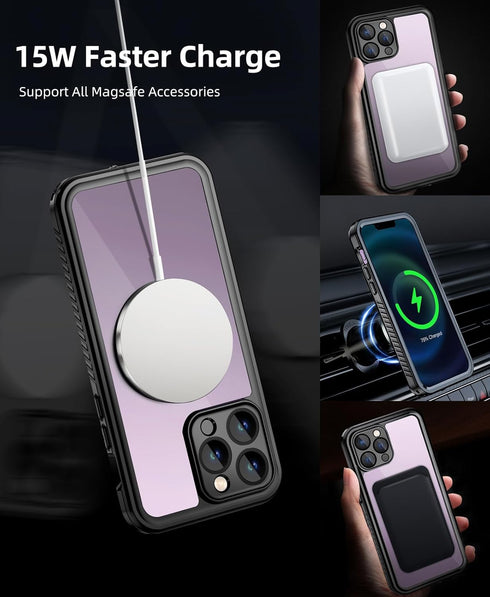 Beeasy iPhone 14 Pro Max Case (6.7") Waterproof, Compatible with MagSafe, 360 Degree Protective Outdoor Case, Black