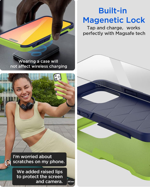 AICase Heavy Duty Rugged Case for iPhone 15 Pro Max 6.7" with Glass Screen Protector & Camera Lens, Shockproof