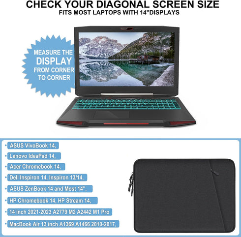 Laptop Sleeve Bag 14 inch, Shockproof Protective Cover with Accessories Pocket, Portable Case for 14 inch MacBook