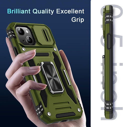 DEERLAMN iPhone 13 & 14 Case, Olive Green, Military Grade Shockproof, Slide Camera Cover + 2 Screen Protectors,