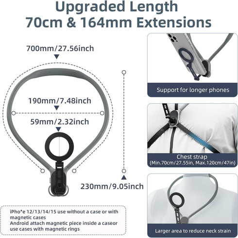 Neck Mount Phone Holder for Hands-Free Recording with Chest Strap for iPhone Android Phones (Gray)