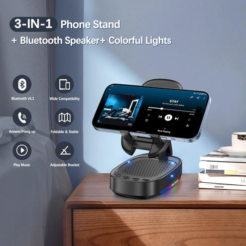Cell Phone Stand with Wireless Bluetooth Speaker, Unique Gifts for Men/Women, Adjustable Phone Holder with 5 Colorful LED Modes, Anti-Slip Base HD Surround Sound, Compatible with iPhone/iPad