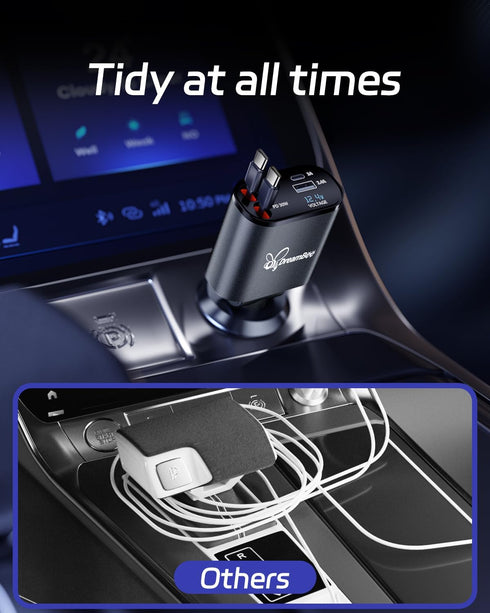 Retractable Car Charger, 66W Super Fast USB Charger with Dual Type-C Cables and 2 USB Ports for iPhone and Samsung