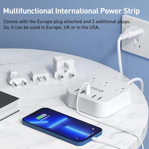 Unidapt European Plug Adapter, US to UK Europe Power Strip with 4 USB Ports, 3 AC Outlets, 5ft Extension Cord, Wall