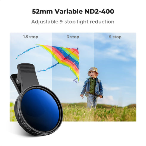 52mm Clip-on ND2-400 Phone Camera Lens Filter Kit, Adjustable Neutral Density for iPhone 15 14 13 12 11
