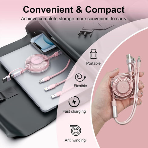 USB C Retractable Multi 5-in-1 Charging Cable, 100W+27W+10W PD Fast Charger for iPhone 15/14/13/12/Samsung S23, Pink